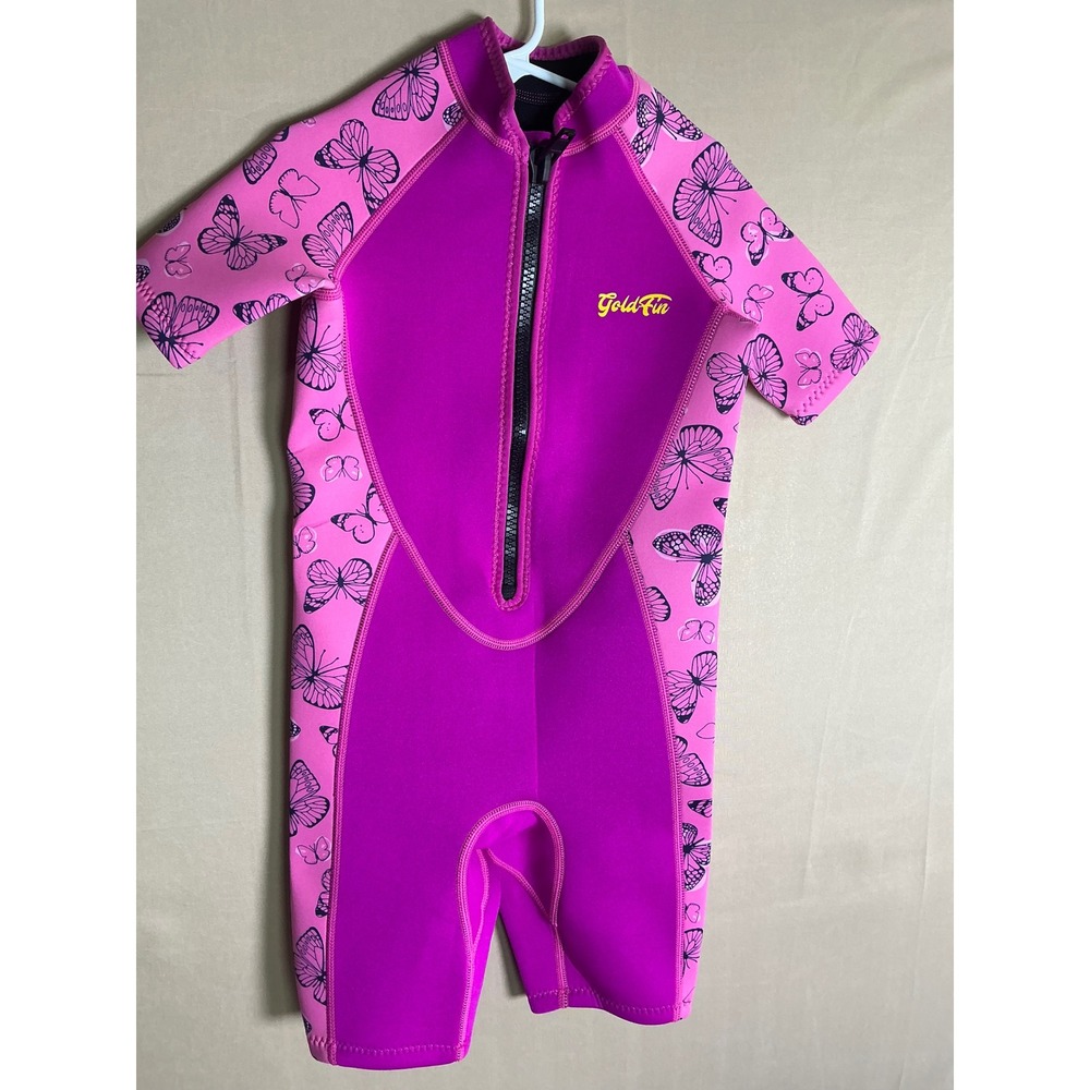 Goldfin Kids Wetsuit Size 8 Pink Butterfly 2mm Neoprene Shorty Swim Suit Girls